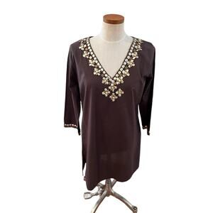 Chocolate brown Cover Up gold embellished neckline M